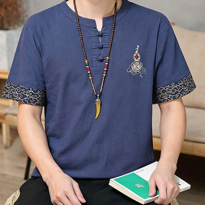 Buddha Stones Camisas de manga corta para hombre estilo Tang de verano con bordado de botones de rana y calabaza. - image 4