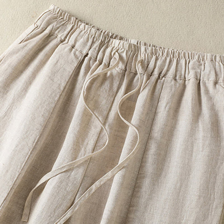 Buddha Stones Pantalones tobilleros de lino liso con cordón ajustable, estilo casual de verano para mujer, de pierna ancha y con bolsillo. - image 9