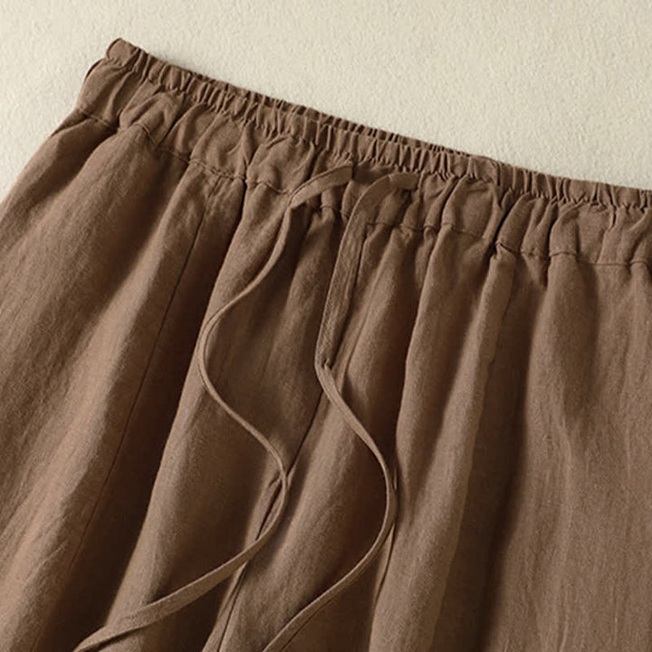 Buddha Stones Pantalones tobilleros de lino liso con cordón ajustable, estilo casual de verano para mujer, de pierna ancha y con bolsillo. - image 2