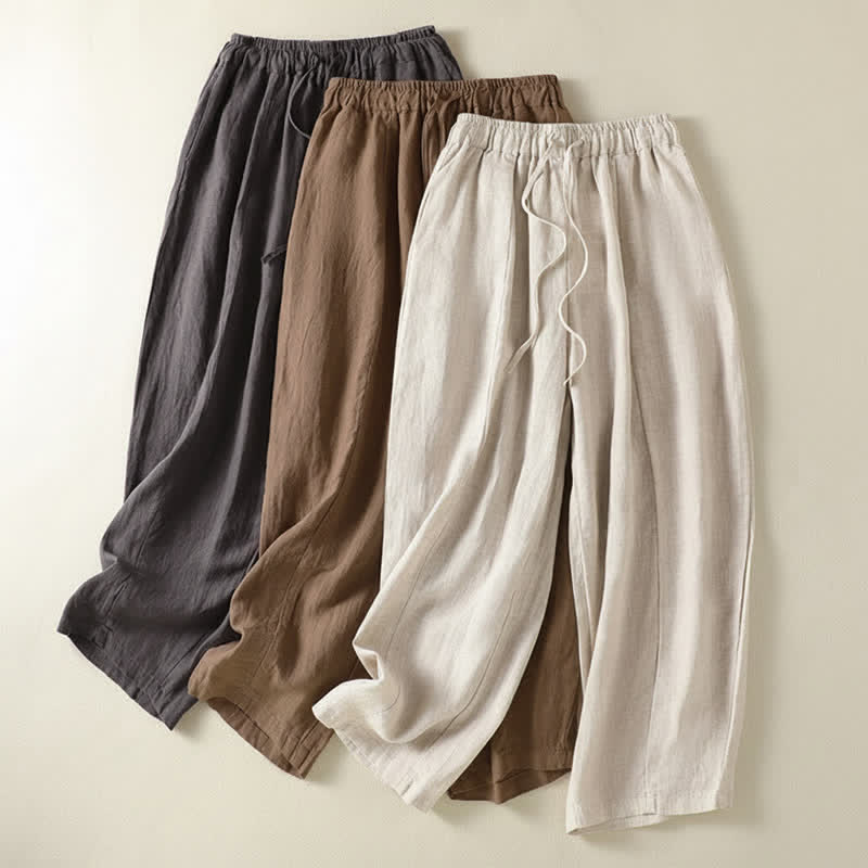Buddha Stones Pantalones tobilleros de lino liso con cordón ajustable, estilo casual de verano para mujer, de pierna ancha y con bolsillo. - image 22
