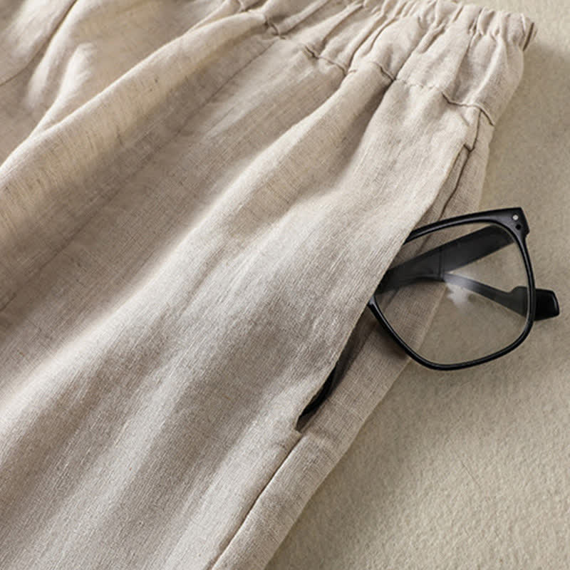 Buddha Stones Pantalones tobilleros de lino liso con cordón ajustable, estilo casual de verano para mujer, de pierna ancha y con bolsillo. - image 12
