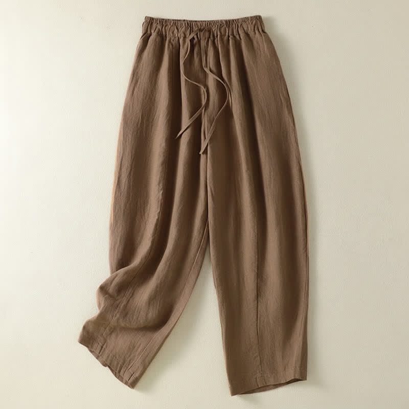 Buddha Stones Pantalones tobilleros de lino liso con cordón ajustable, estilo casual de verano para mujer, de pierna ancha y con bolsillo. - Tierra de siena - US8-10, UK/AU12-14, EU40-42 (2XL) - image 0