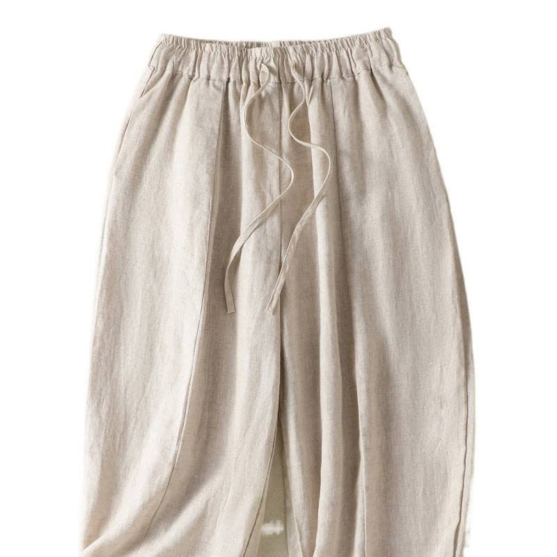 Buddha Stones Pantalones tobilleros de lino liso con cordón ajustable, estilo casual de verano para mujer, de pierna ancha y con bolsillo. - image 8