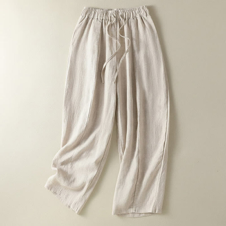 Buddha Stones Pantalones tobilleros de lino liso con cordón ajustable, estilo casual de verano para mujer, de pierna ancha y con bolsillo. - Lino - US8-10, UK/AU12-14, EU40-42 (2XL) - image 7