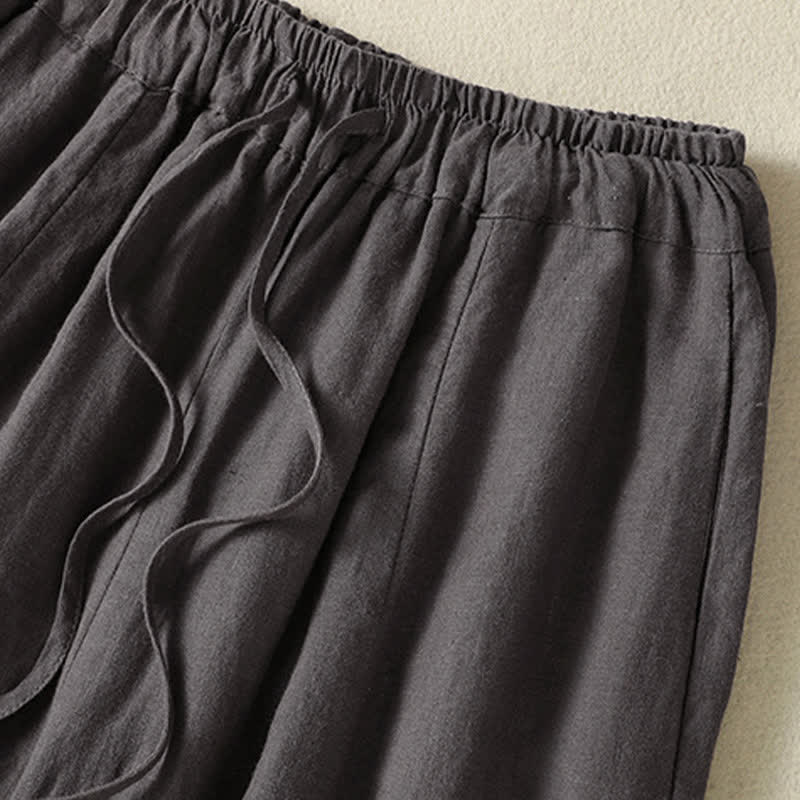 Buddha Stones Pantalones tobilleros de lino liso con cordón ajustable, estilo casual de verano para mujer, de pierna ancha y con bolsillo. - image 19