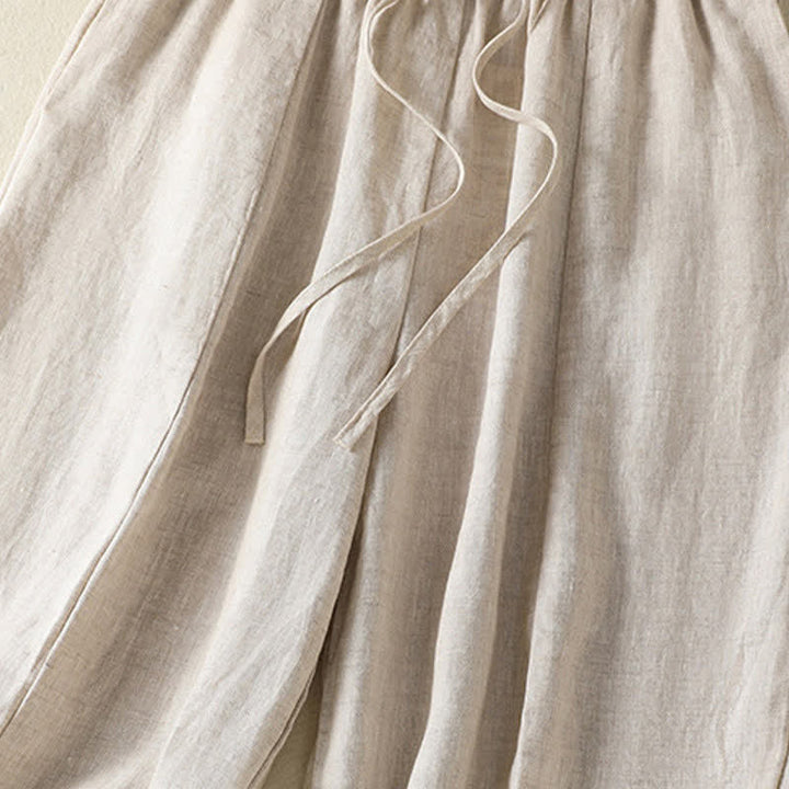 Buddha Stones Pantalones tobilleros de lino liso con cordón ajustable, estilo casual de verano para mujer, de pierna ancha y con bolsillo. - image 11