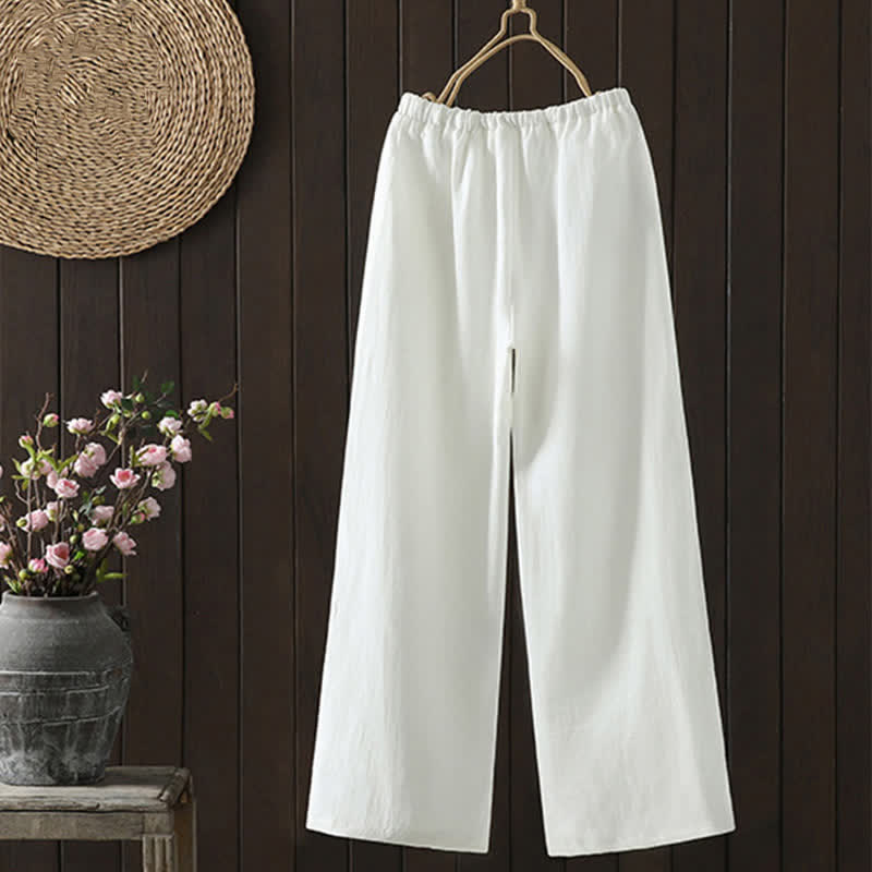 Buddha Stones Pantalones tobilleros de algodón y lino lisos, estilo casual de verano, minimalistas, con cordón ajustable, para mujer, de pierna recta y con bolsillo. - image 1