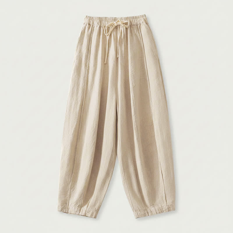 Buddha Stones Pantalones cortos de algodón y lino lisos, informales y sencillos, con cordón ajustable, estilo harem para mujer, con bolsillo. - Beige - US8-10, UK/AU12-14, EU40-42 (2XL) - image 0