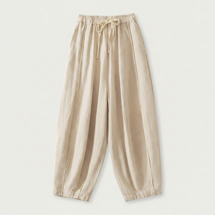 Buddha Stones Pantalones cortos de algodón y lino lisos, informales y sencillos, con cordón ajustable, estilo harem para mujer, con bolsillo. - Beige - US8-10, UK/AU12-14, EU40-42 (2XL) - image 0
