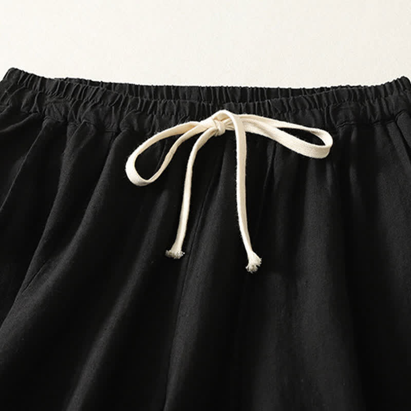 Buddha Stones Pantalones cortos de algodón y lino lisos, informales y sencillos, con cordón ajustable, estilo harem para mujer, con bolsillo. - image 8