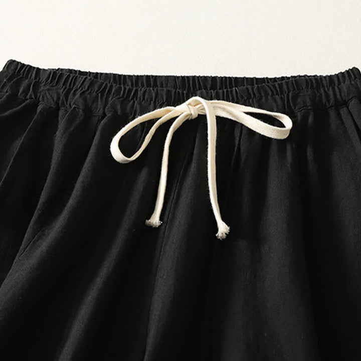 Buddha Stones Pantalones cortos de algodón y lino lisos, informales y sencillos, con cordón ajustable, estilo harem para mujer, con bolsillo. - image 8