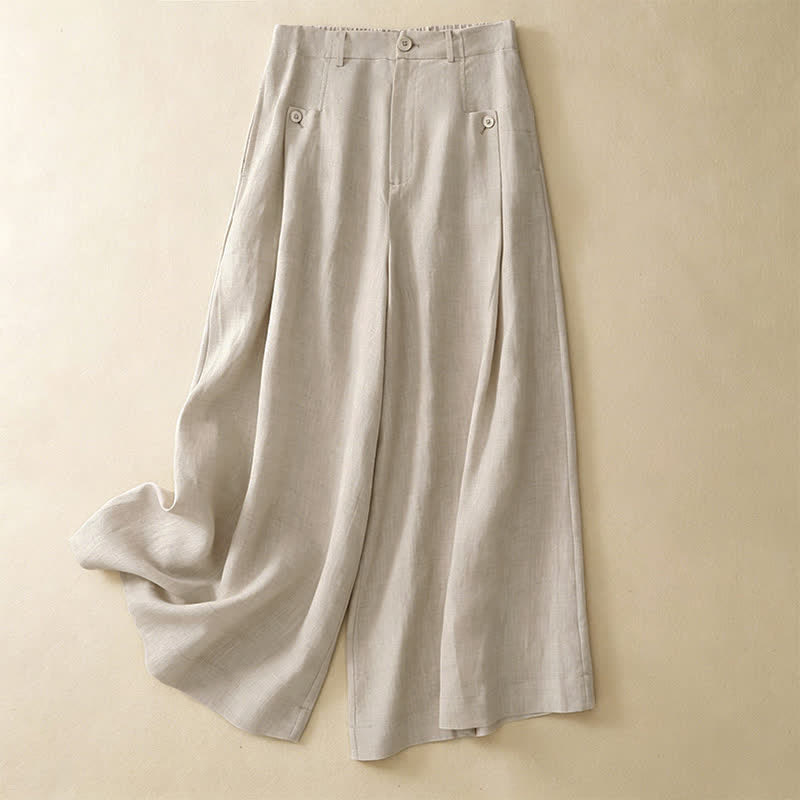Pantalones tobilleros de algodón ramio lisos, elegantes, casuales y con botones, con estampado de Buddha Stones. Pantalones de pierna ancha para mujer con bolsillo. - Beige - US8-10, UK/AU12-14, EU40-42 (2XL) - image 0