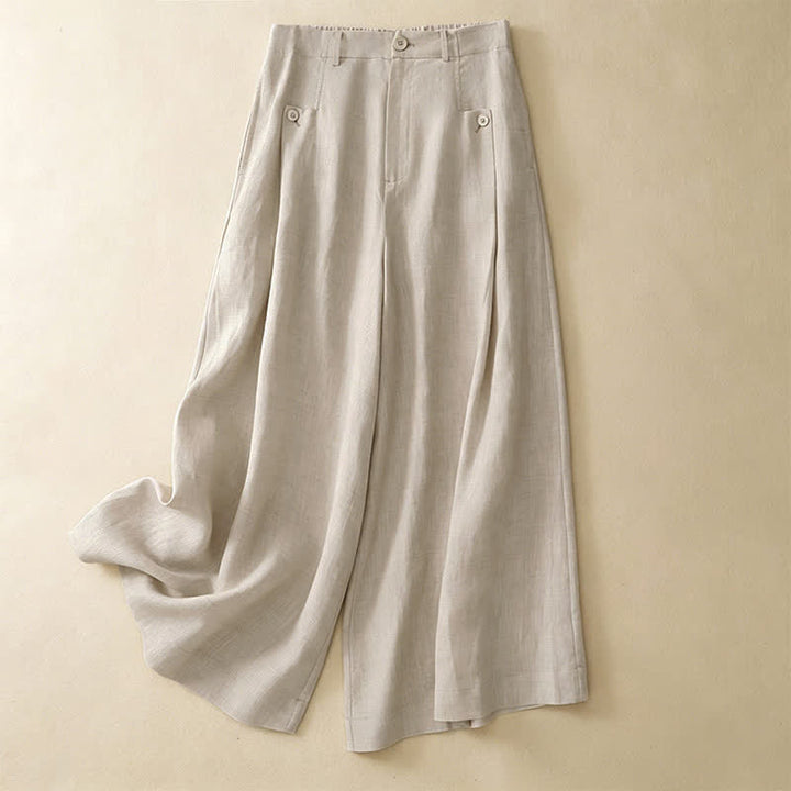 Pantalones tobilleros de algodón ramio lisos, elegantes, casuales y con botones, con estampado de Buddha Stones. Pantalones de pierna ancha para mujer con bolsillo. - Beige - US8-10, UK/AU12-14, EU40-42 (2XL) - image 0