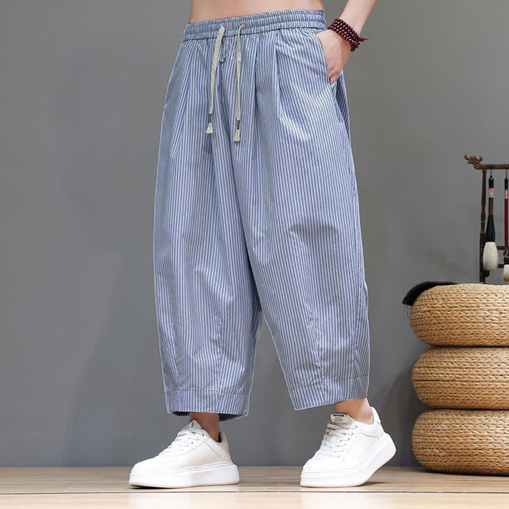 Pantalones capri de verano informales con cordón ajustable y rayas Buddha Stones para hombre, estilo harem, con bolsillo. - image 10