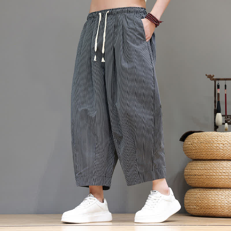 Pantalones capri de verano informales con cordón ajustable y rayas Buddha Stones para hombre, estilo harem, con bolsillo. - image 41