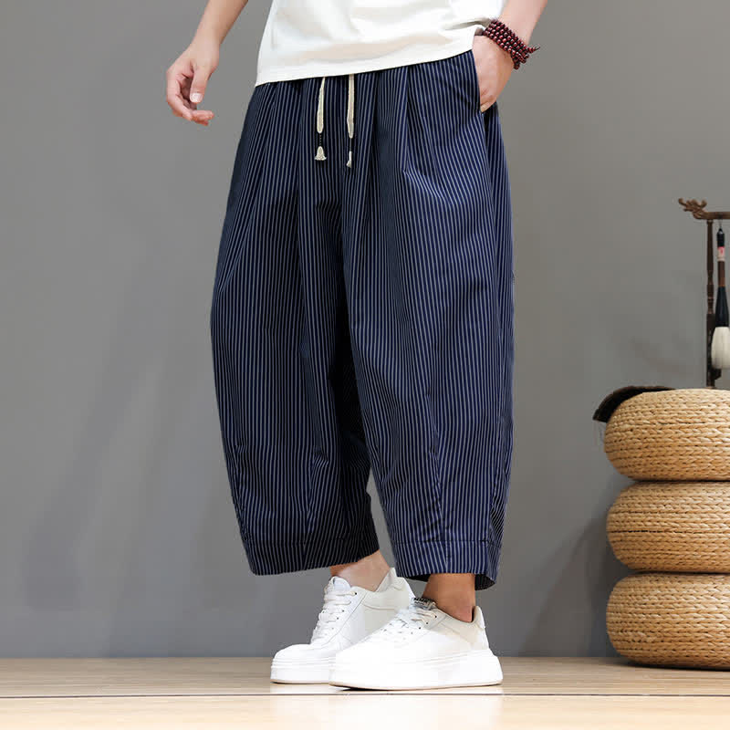Pantalones capri de verano informales con cordón ajustable y rayas Buddha Stones para hombre, estilo harem, con bolsillo. - image 8