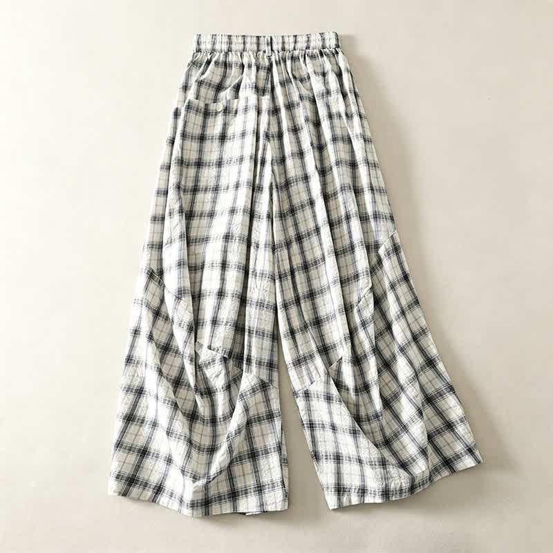Buddha Stones Pantalones largos de cuadros informales de verano para mujer, de corte ajustado y con bolsillos. - image 1