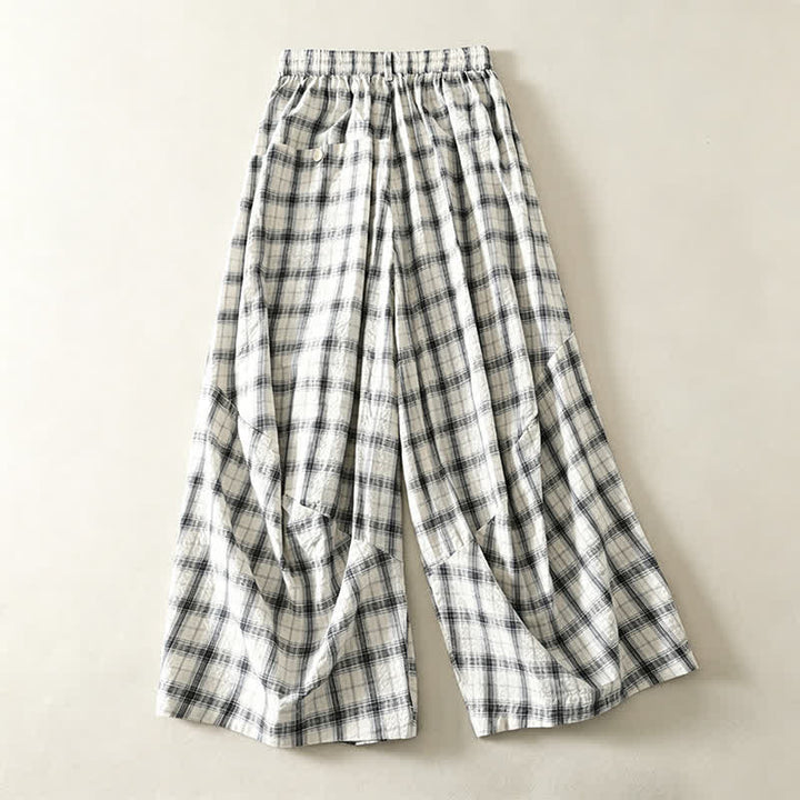 Buddha Stones Pantalones largos de cuadros informales de verano para mujer, de corte ajustado y con bolsillos. - image 1