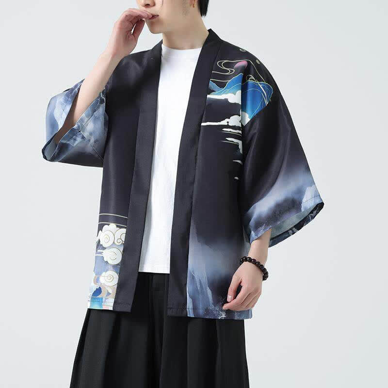 Buddha Stones Kimono de verano informal vintage con estampado de grullas para hombre - image 1