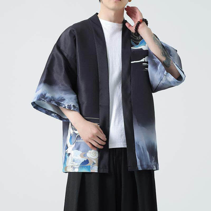 Buddha Stones Kimono de verano informal vintage con estampado de grullas para hombre - image 2