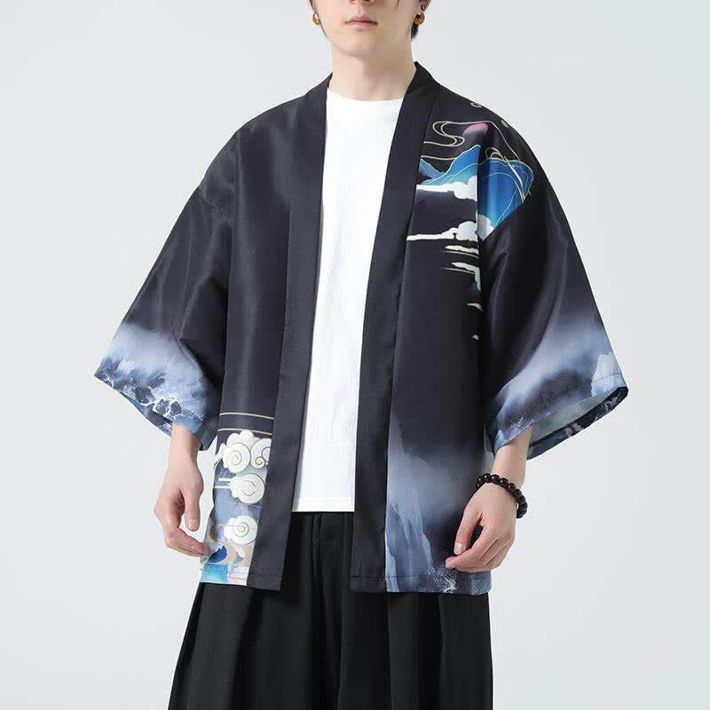 Buddha Stones Kimono de verano informal vintage con estampado de grullas para hombre - image 5