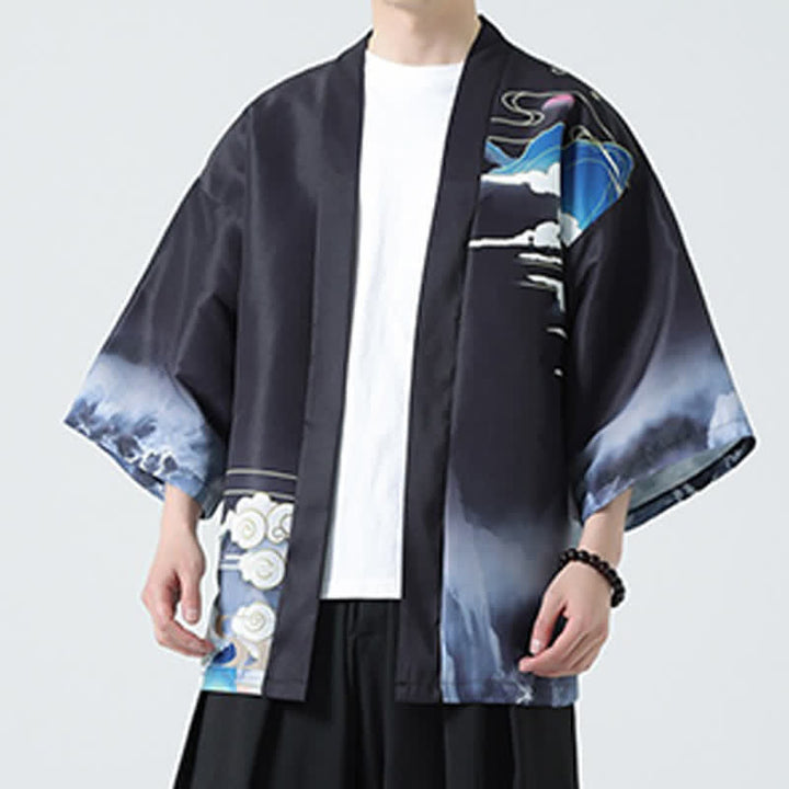Buddha Stones Kimono de verano informal vintage con estampado de grullas para hombre - image 10