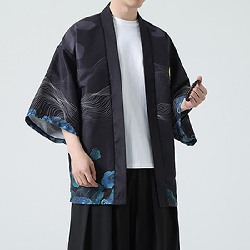 Buddha Stones Kimono de verano informal vintage con estampado de grullas para hombre - image 26