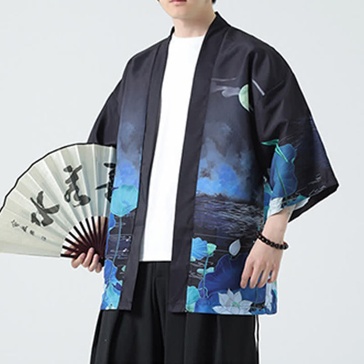 Buddha Stones Kimono de verano informal vintage con estampado de grullas para hombre - Loto - US/UK/AU48, EU58 (5XL) - image 37