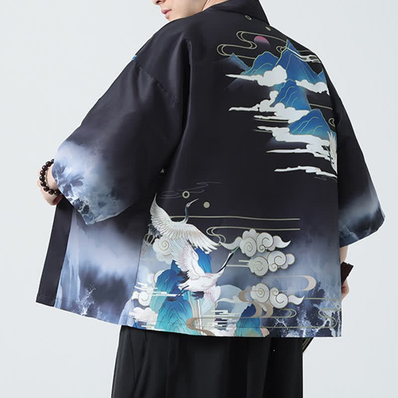 Buddha Stones Kimono de verano informal vintage con estampado de grullas para hombre - image 7