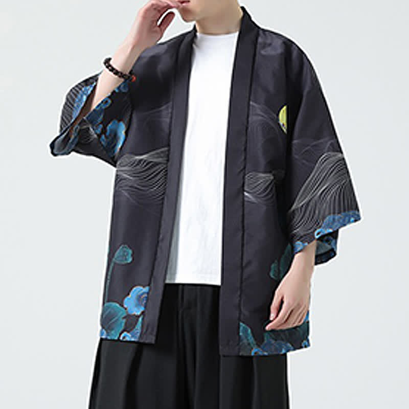 Buddha Stones Kimono de verano informal vintage con estampado de grullas para hombre - image 36
