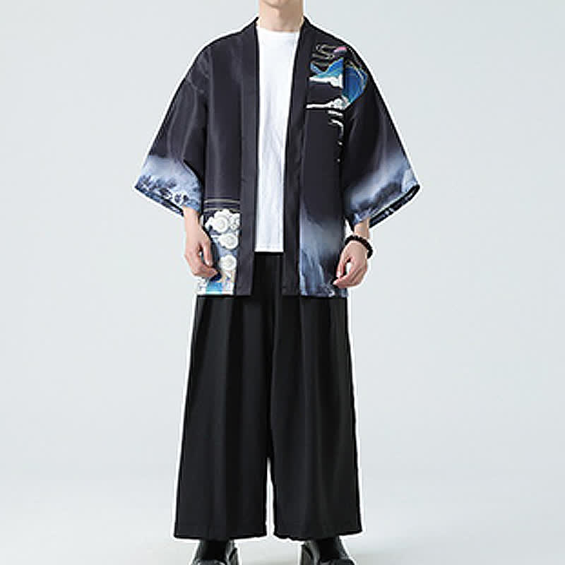 Buddha Stones Kimono de verano informal vintage con estampado de grullas para hombre - image 4