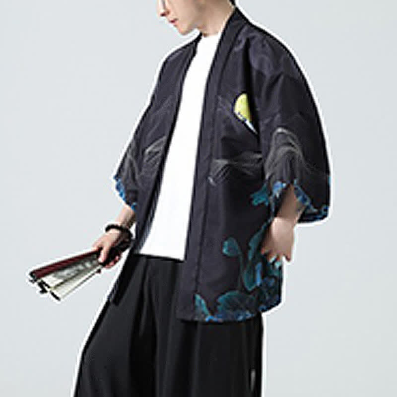 Buddha Stones Kimono de verano informal vintage con estampado de grullas para hombre - image 34