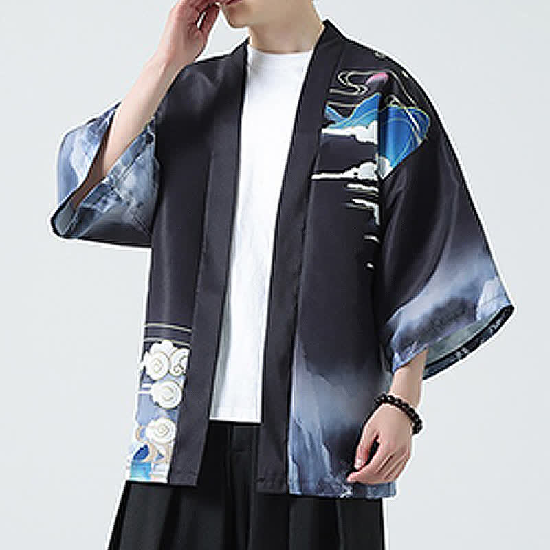 Buddha Stones Kimono de verano informal vintage con estampado de grullas para hombre - image 9