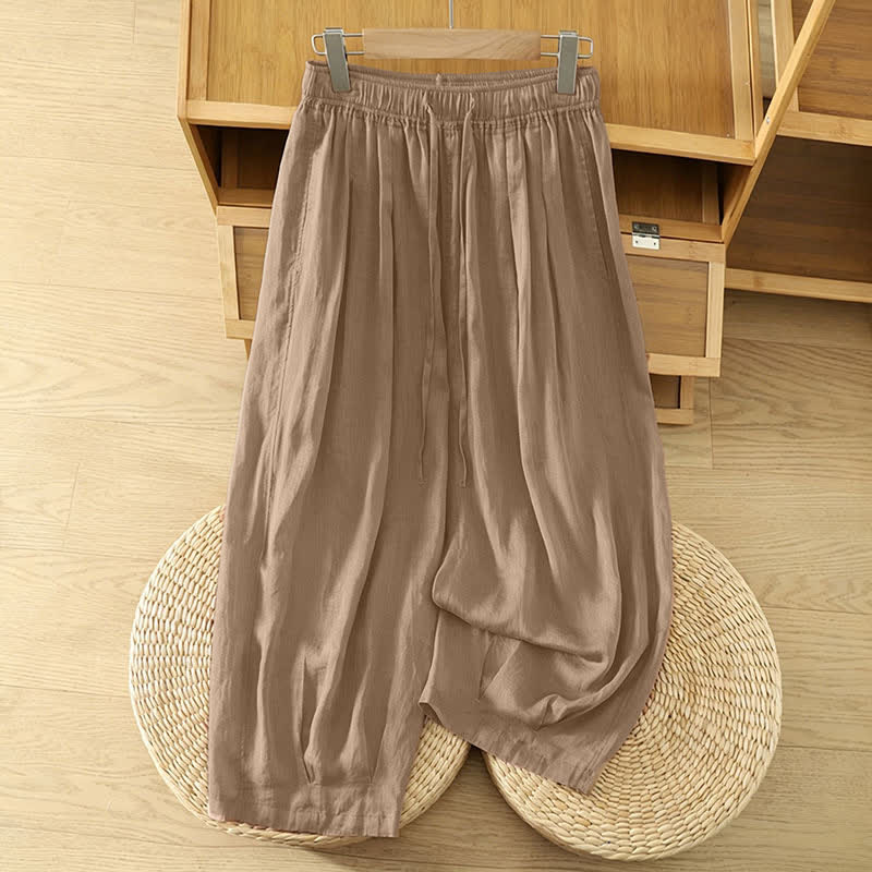 Buddha Stones Pantalones capri de verano informales estilo boho con cordón ajustable, color liso, para mujer, pierna ancha y bolsillos. - Broncearse - US8-10, UK/AU12-14, EU40-42 (2XL) - image 0