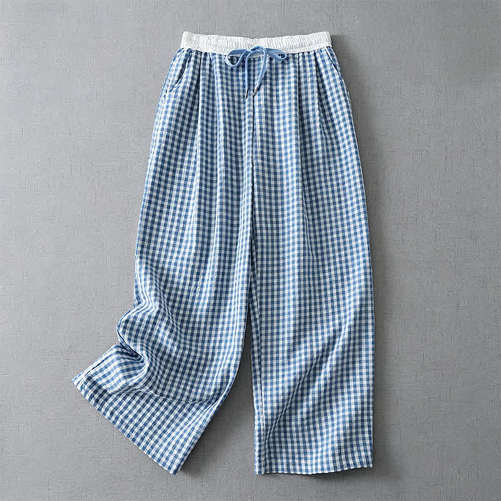 Buddha Stones Pantalones tobilleros de cuadros con cordón ajustable, estilo casual de verano para mujer, pierna recta y bolsillo. - Azul claro - US8-10, UK/AU12-14, EU40-42 (2XL) - image 0