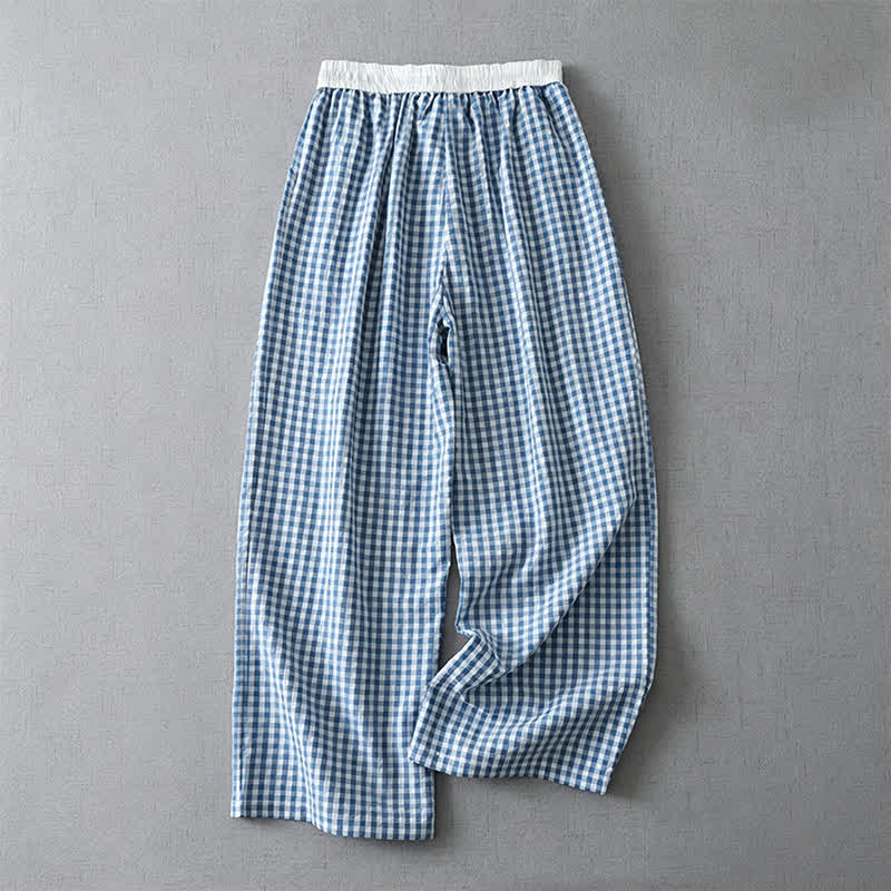 Buddha Stones Pantalones tobilleros de cuadros con cordón ajustable, estilo casual de verano para mujer, pierna recta y bolsillo. - image 1