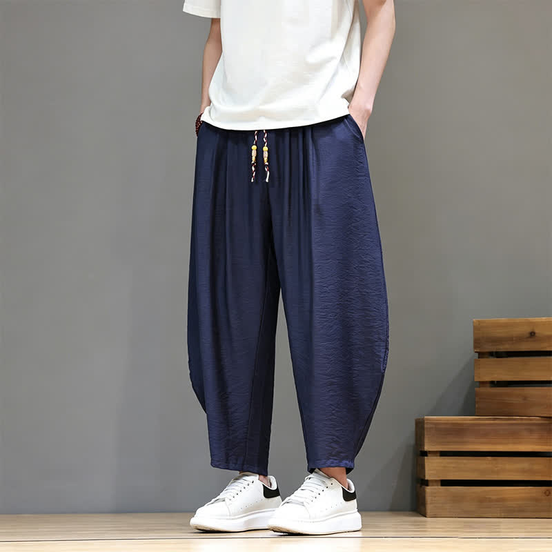 Buddha Stones Pantalones cortos minimalistas informales de verano con cordón ajustable, pantalones harem para hombre con bolsillo. - Marina de guerra - US/UK/AU46, EU56 (5XL) - image 0