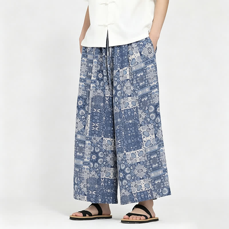 Buddha Stones Pantalones capri florales de estilo bohemio casual de verano con cordón ajustable para hombre, pierna ancha y bolsillo. - image 6