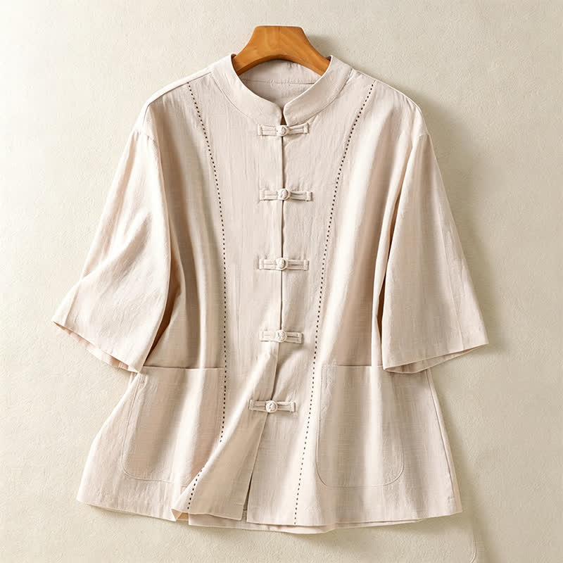 Buddha Stones Camisas de manga corta para mujer, estilo Summer Tang, vintage, con cuello mandarín, botones de rana y bolsillos. - Beige - US8-10, UK/AU12-14, EU40-42 (2XL) - image 0