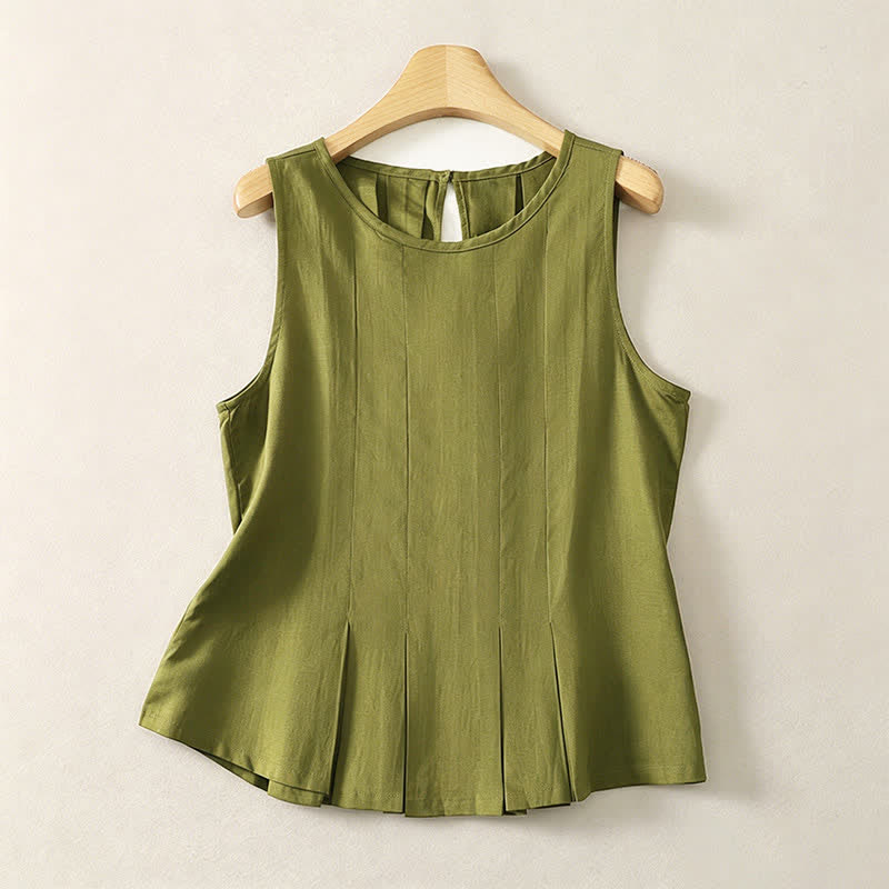 Buddha Stones Camiseta sin mangas elegante de verano con pliegues y costura vertical para mujer. - Verde oliva - US8-10, UK/AU12-14, EU40-42 (2XL) - image 0