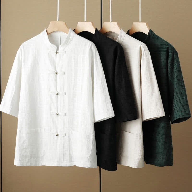 Buddha Stones Camisas de manga hasta el codo para hombre, estilo casual, con cuello mandarín, botones de rana, color liso, con bolsillos, para verano. - image 10