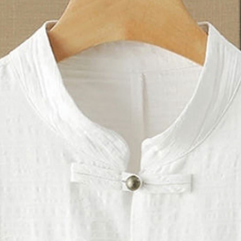 Buddha Stones Camisas de manga hasta el codo para hombre, estilo casual, con cuello mandarín, botones de rana, color liso, con bolsillos, para verano. - image 4