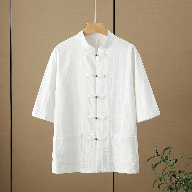 Buddha Stones Camisas de manga hasta el codo para hombre, estilo casual, con cuello mandarín, botones de rana, color liso, con bolsillos, para verano. - Blanco - US/UK/AU48, EU58 (6XL) - image 3