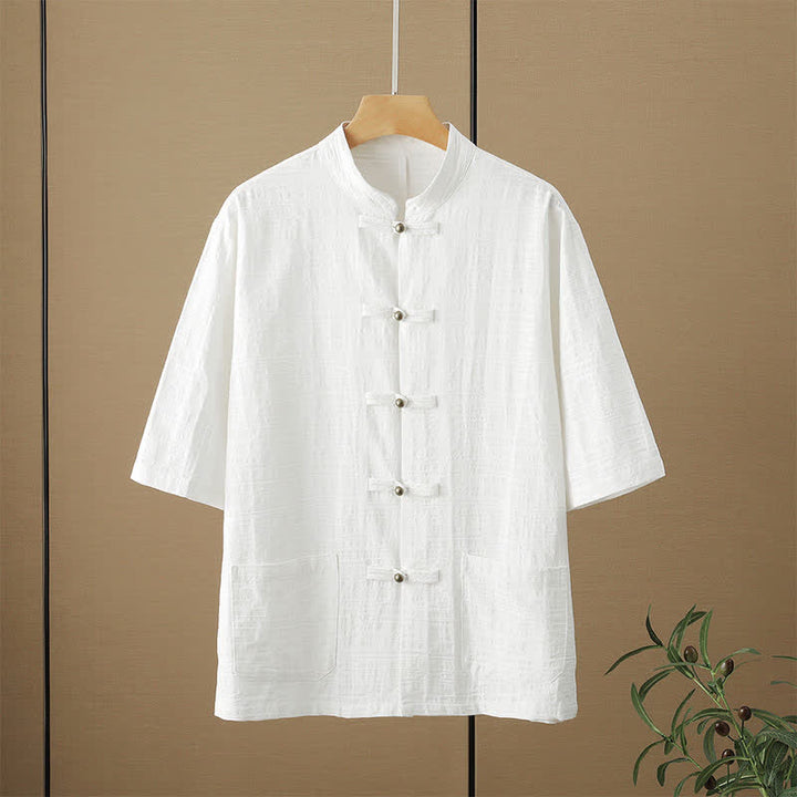 Buddha Stones Camisas de manga hasta el codo para hombre, estilo casual, con cuello mandarín, botones de rana, color liso, con bolsillos, para verano. - Blanco - US/UK/AU48, EU58 (6XL) - image 3