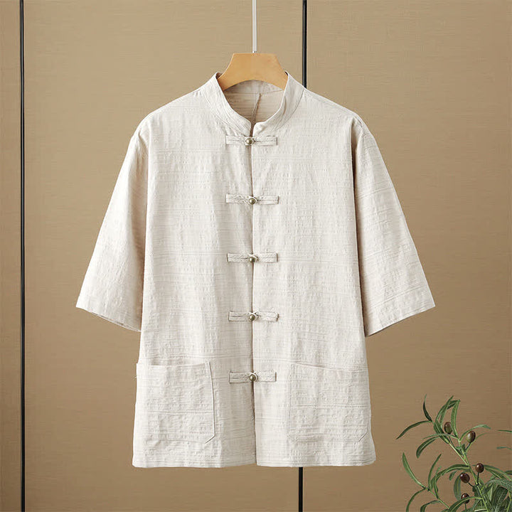 Buddha Stones Camisas de manga hasta el codo para hombre, estilo casual, con cuello mandarín, botones de rana, color liso, con bolsillos, para verano. - Beige - US/UK/AU48, EU58 (6XL) - image 1