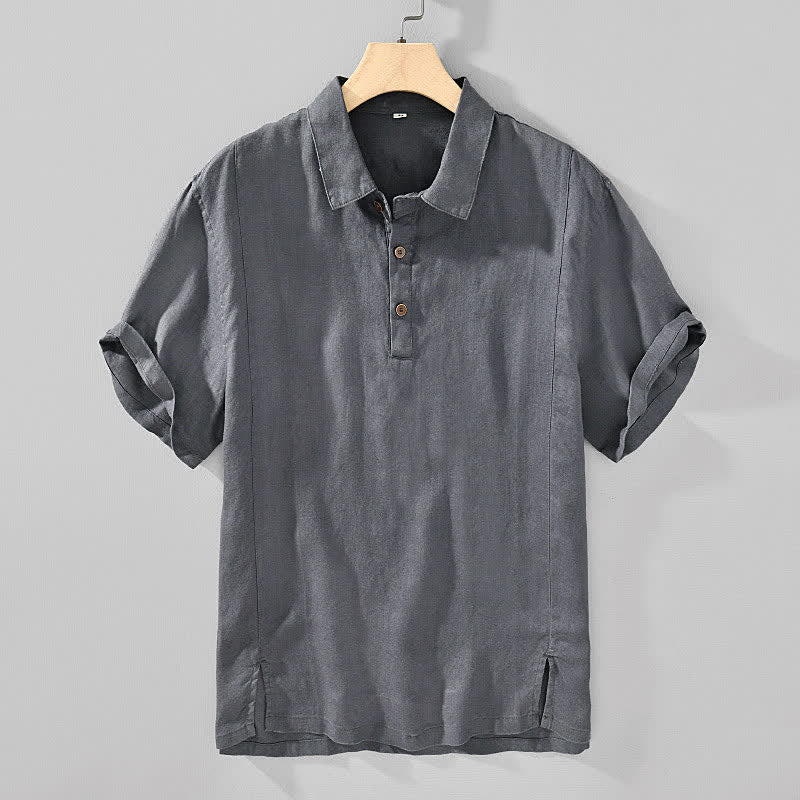 Buddha Stones Camisa de manga corta para hombre, estilo casual de verano, minimalista, con botones, de lino liso. - Gris oscuro - US/UK/AU44, EU54 (4XL) - image 0