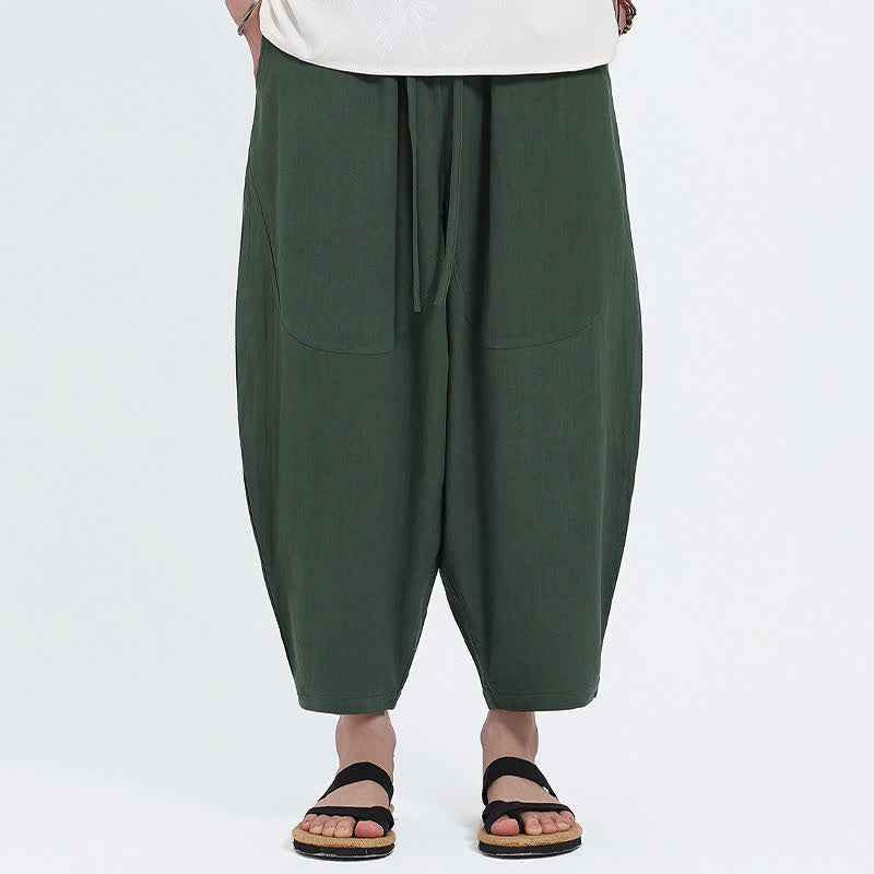 Buddha Stones Pantalones capri de algodón y lino lisos con cordón ajustable, estilo harem para hombre, con bolsillos, ideales para el verano. - image 1