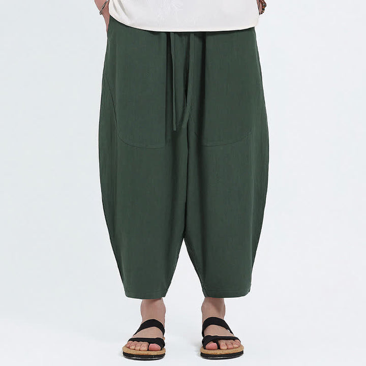 Buddha Stones Pantalones capri de algodón y lino lisos con cordón ajustable, estilo harem para hombre, con bolsillos, ideales para el verano. - image 1