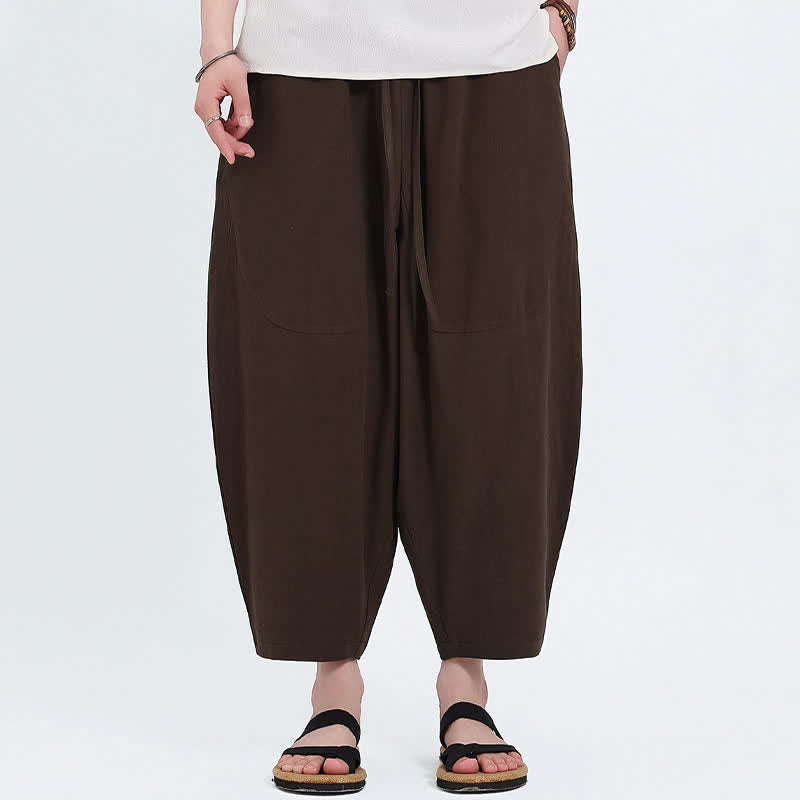 Buddha Stones Pantalones capri de algodón y lino lisos con cordón ajustable, estilo harem para hombre, con bolsillos, ideales para el verano. - image 14