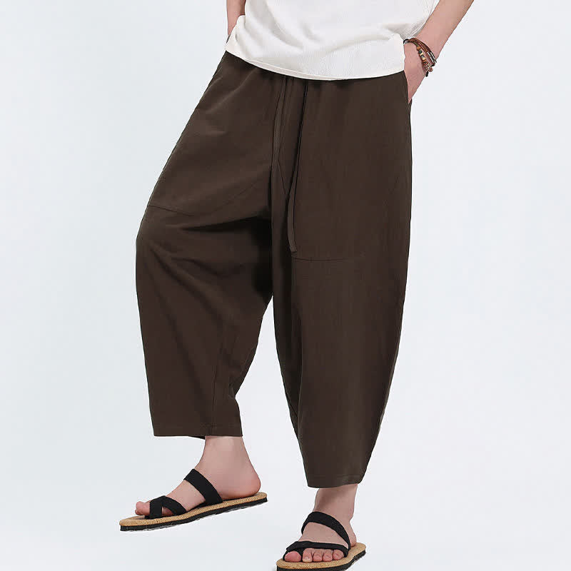 Buddha Stones Pantalones capri de algodón y lino lisos con cordón ajustable, estilo harem para hombre, con bolsillos, ideales para el verano. - image 10